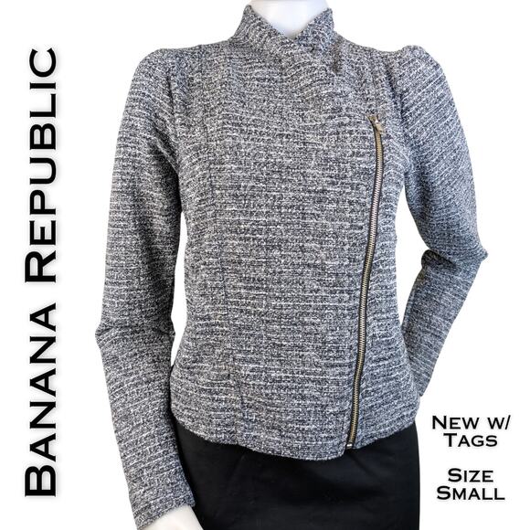 NEW Banana Republic Black Gray Metallic Knit Crop Blazer Asymmetrical Zip Small - Picture 1 of 13